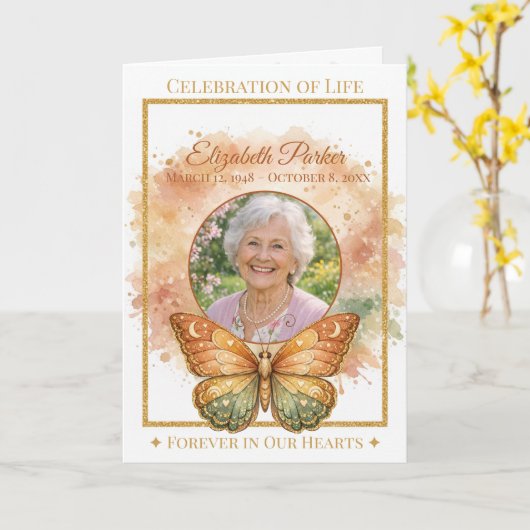 Boho Watercolor Butterfly Funeral Program Template カード (黄色い花)