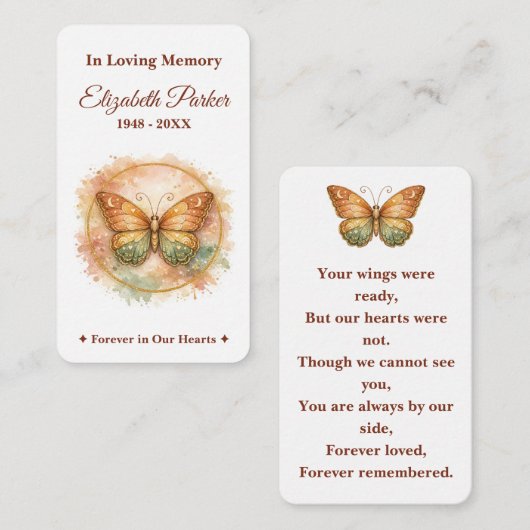 Boho Watercolor Butterfly Memorial Prayer Card ノートカード (正面/裏面)
