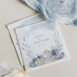Boho Watercolor Coral Shells Beach Wedding スタンダードカクテルナプキン