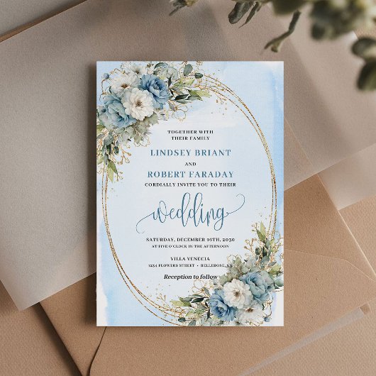 Boho Watercolor Dusty Blue Floral Gold Wedding  招待状