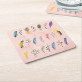 Boho Watercolor Feathers with Floral Line Drawings スクエアペーパーコースター (アングル)