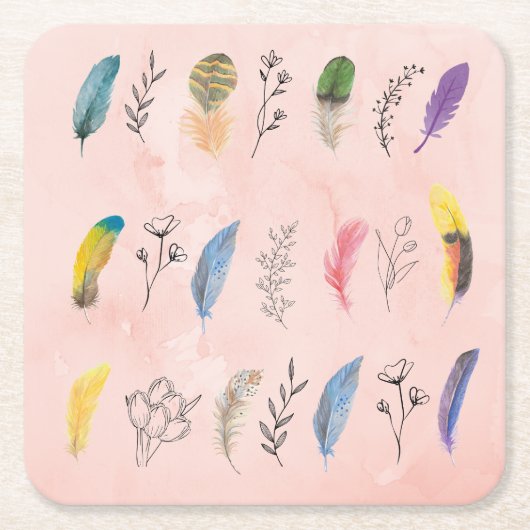 Boho Watercolor Feathers with Floral Line Drawings スクエアペーパーコースター (正面)