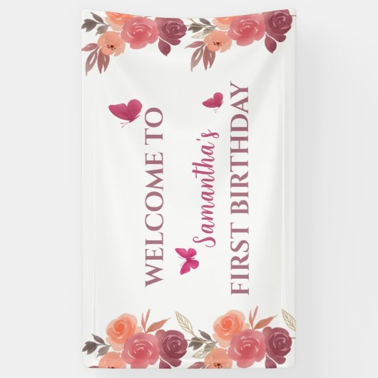 Boho  Watercolor Floral First Birthday  横断幕 (縦)