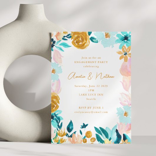Boho Watercolor Floral Modern Engagement Party 招待状
