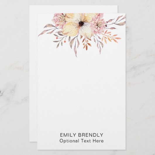 Boho Watercolor Floral Monogram Name 便箋 (正面/裏面)