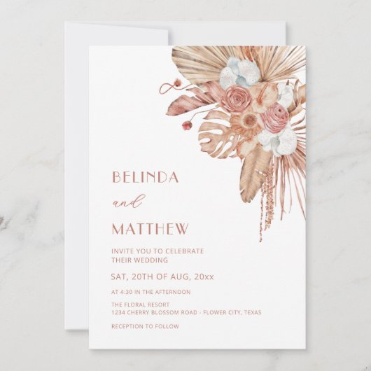 Boho Watercolor Flowers Casual Wedding 招待状 (正面)