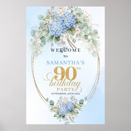 Boho Watercolor Hydrangeas 90th birthday welcome ポスター (正面)