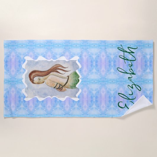 Boho Watercolor Mermaid Personalized ビーチタオル (正面)