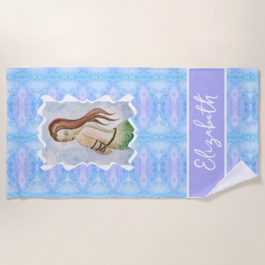 Boho Watercolor Mermaid Personalized ビーチタオル (正面)