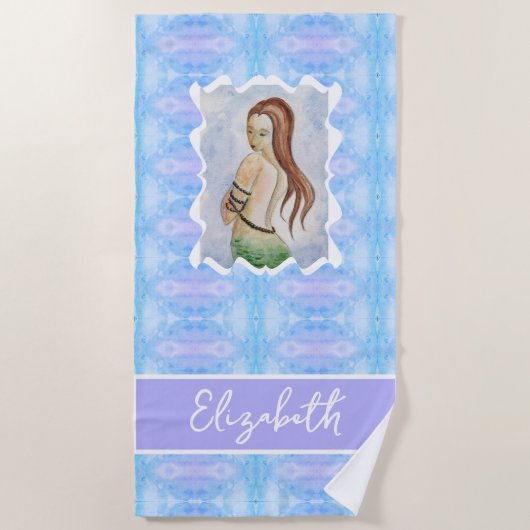 Boho Watercolor Mermaid Personalized ビーチタオル (正面)