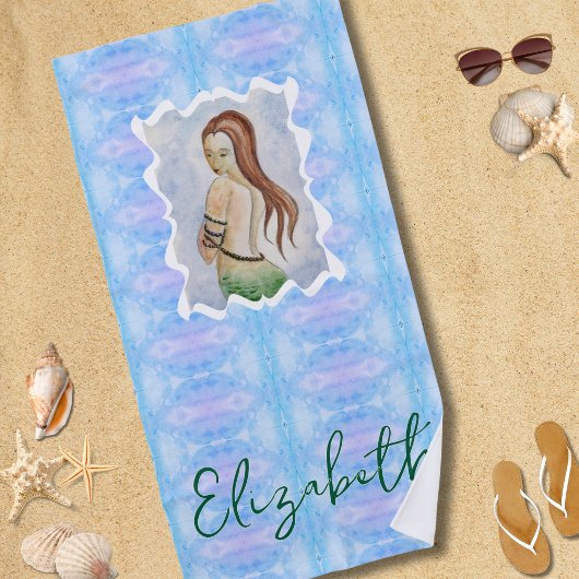 Boho Watercolor Mermaid Personalized ビーチタオル