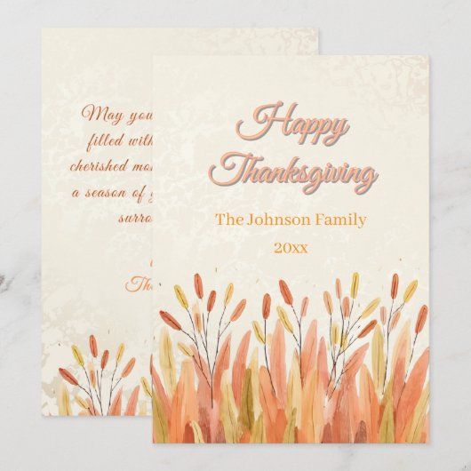 Boho Watercolor Pampas Grass & Rustic Thanksgiving シーズンカード (正面/裏面)