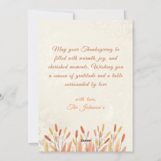 Boho Watercolor Pampas Grass & Rustic Thanksgiving シーズンカード (裏面)
