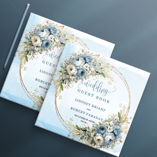 Boho Watercolor Pastel Blue Flowers Gold Wedding ゲストブック