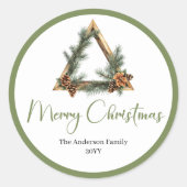 Boho Watercolor Pine Wreath Christmas Sticker ラウンドシール (正面)