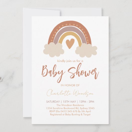 Boho Watercolor Rainbow Baby Shower 招待状 (正面)