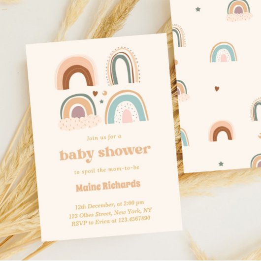 Boho Watercolor Rainbow Baby Shower Cute 招待状