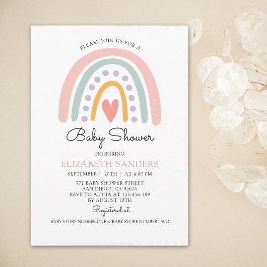 Boho Watercolor Rainbow Baby Shower Girl 招待状