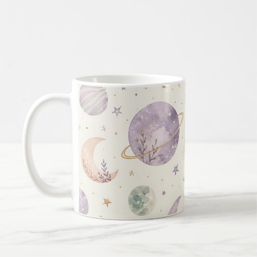 Boho Watercolor Space & Planets Seamless Pattern コーヒーマグカップ (左)