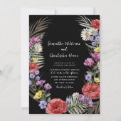 Boho Watercolor Wild Flowers Black Wedding 招待状 (正面)