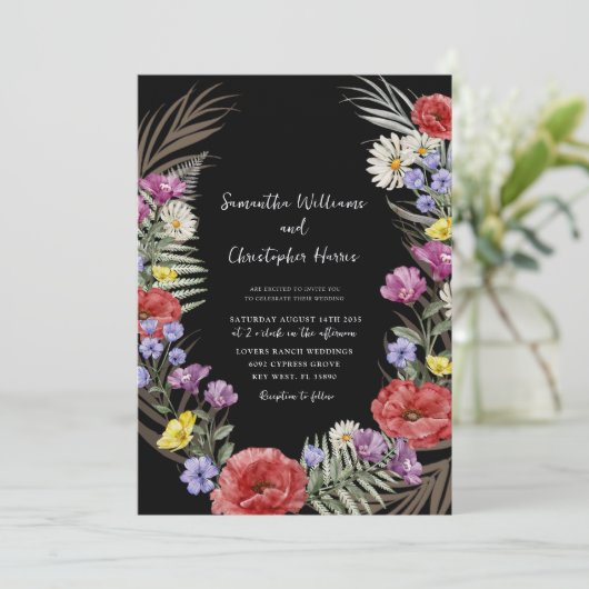 Boho Watercolor Wild Flowers Black Wedding 招待状 (スタンド正面)