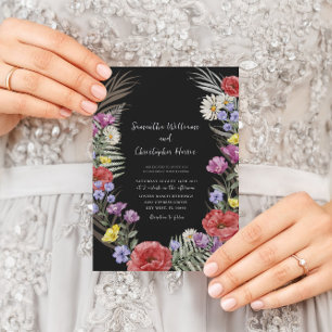 Boho Watercolor Wild Flowers Black Wedding 招待状