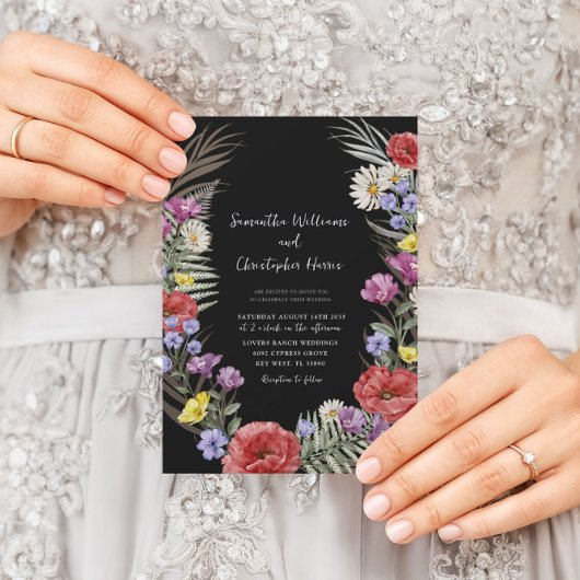 Boho Watercolor Wild Flowers Black Wedding 招待状