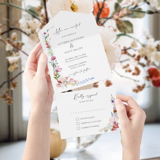 Boho Watercolor Wildflower Calligraphy Wedding オールインワン招待状