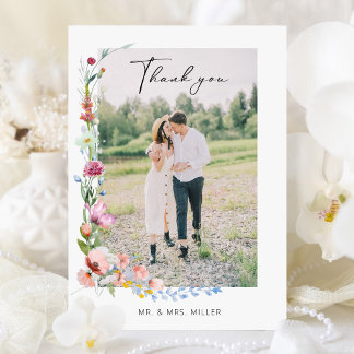 Boho Watercolor Wildflower Calligraphy Wedding サンキューカード