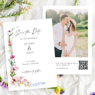 Boho Watercolor Wildflower Calligraphy Wedding セーブザデート