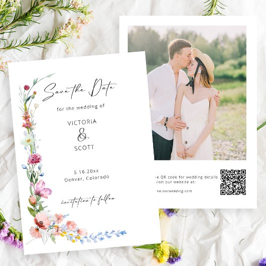 Boho Watercolor Wildflower Calligraphy Wedding セーブザデート