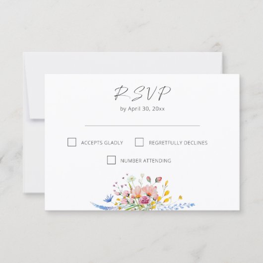 Boho Watercolor Wildflower Calligraphy Wedding 出欠カード (正面)