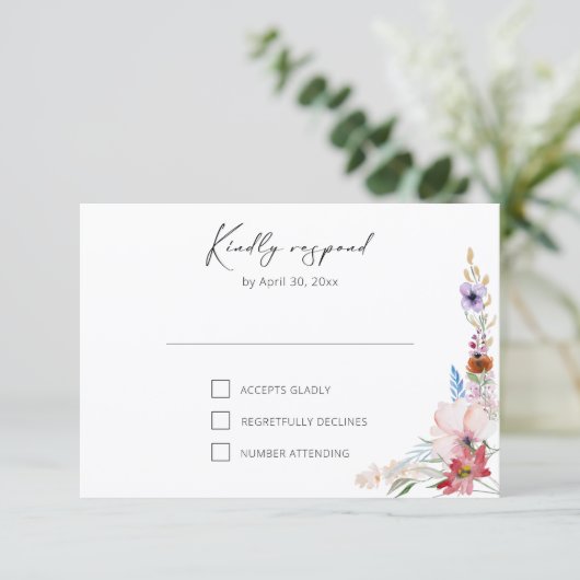 Boho Watercolor Wildflower Calligraphy Wedding 出欠カード (スタンド正面)