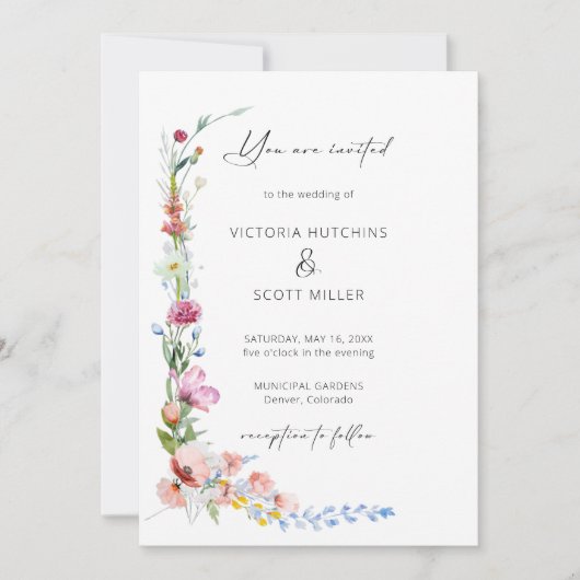 Boho Watercolor Wildflower Calligraphy Wedding     招待状 (正面)