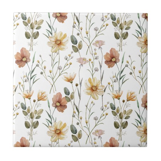 Boho Watercolor Wildflower Ceramic タイル (正面)