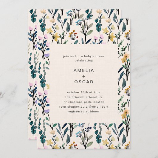 Boho Watercolor Wildflower Couples Baby Shower  招待状 (正面/裏面)