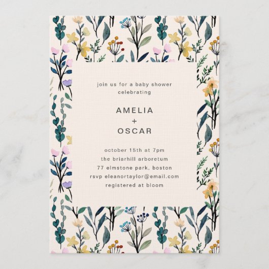 Boho Watercolor Wildflower Couples Baby Shower  招待状 (正面)