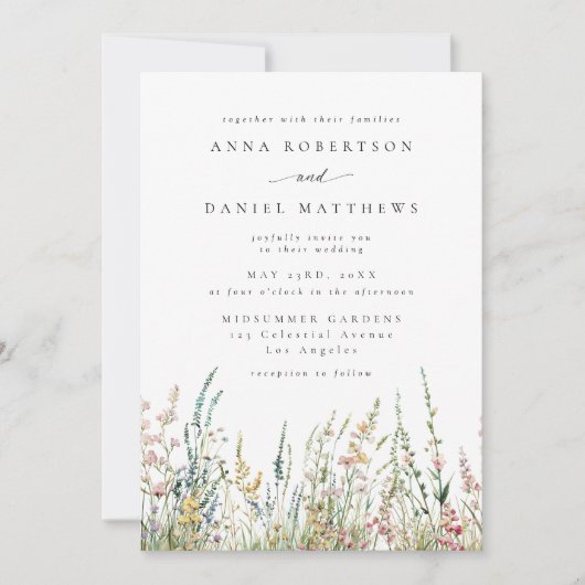 Boho Watercolor Wildflower Field Wedding 招待状 (正面)