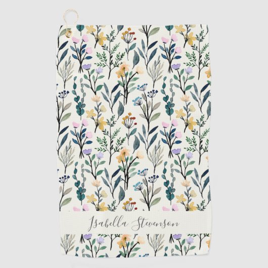 Boho Watercolor Wildflower Personalized Name ゴルフタオル (正面)