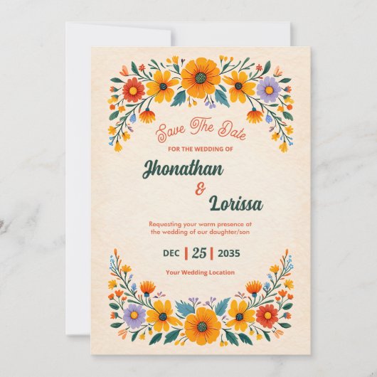 Boho Watercolor Wildflower Wedding Invitation 招待状 (正面)