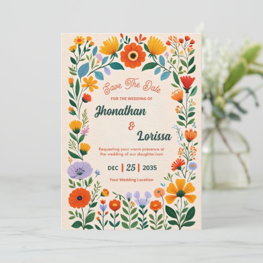 Boho Watercolor Wildflower Wedding Invitation 招待状 (スタンド正面)