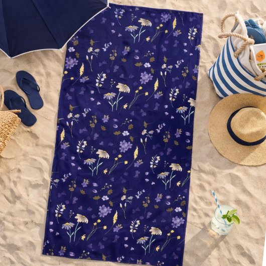 Boho Watercolor Wildflowers Navy  ビーチタオル