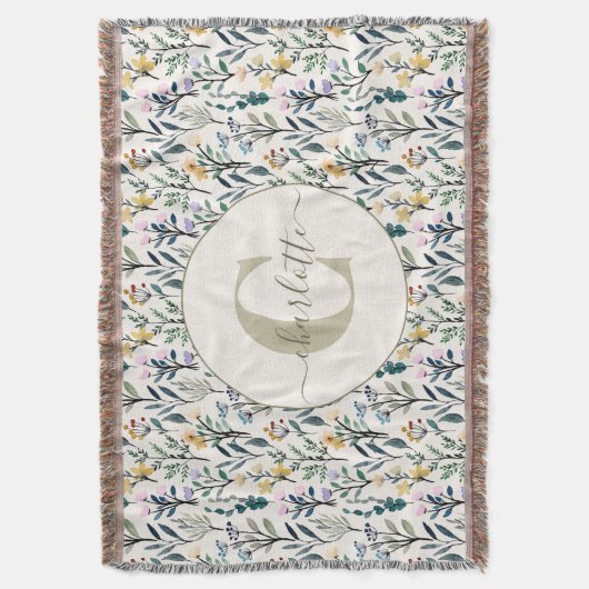 Boho Watercolor Wildflowers Pattern Monogram Name  スローブランケット (正面縦)