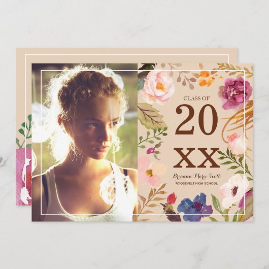 Boho Watercor素朴花写真グラッドパーティー 招待状 (正面/裏面)