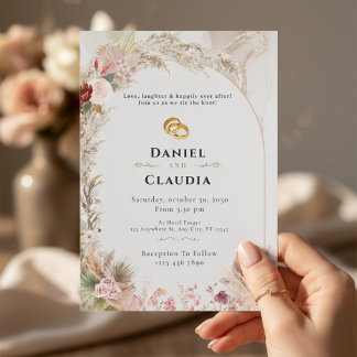 Boho Wedding Invitation | Floral Gold Rings Love  招待状