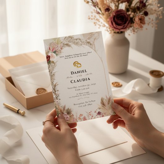 Boho Wedding Invitation | Floral Gold Rings Love  招待状