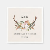 Boho Wedding Rustic Antler Floral Wedding Monogram スタンダードカクテルナプキン (正面)