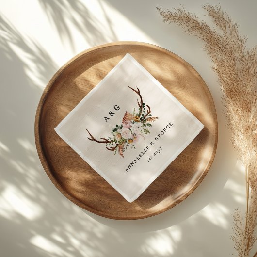 Boho Wedding Rustic Antler Floral Wedding Monogram スタンダードカクテルナプキン