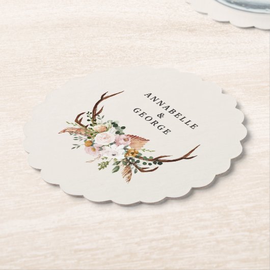 Boho Wedding Rustic Antler Floral Wedding Monogram ペーパーコースター (アングル)