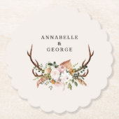 Boho Wedding Rustic Antler Floral Wedding Monogram ペーパーコースター (正面)